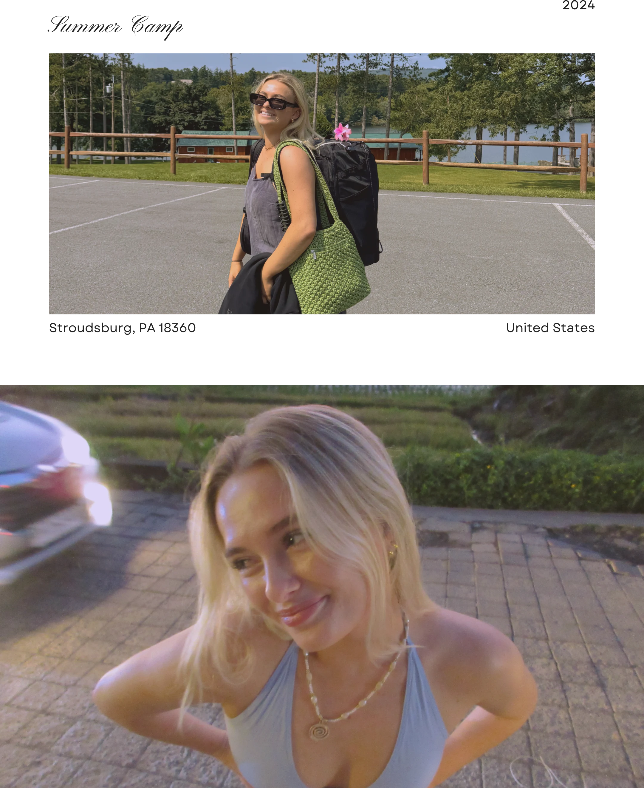 Two photographs of Zoe: at summer camp in Stroudsburg, Pennsylvania, in 2024, and smiling down at the camera