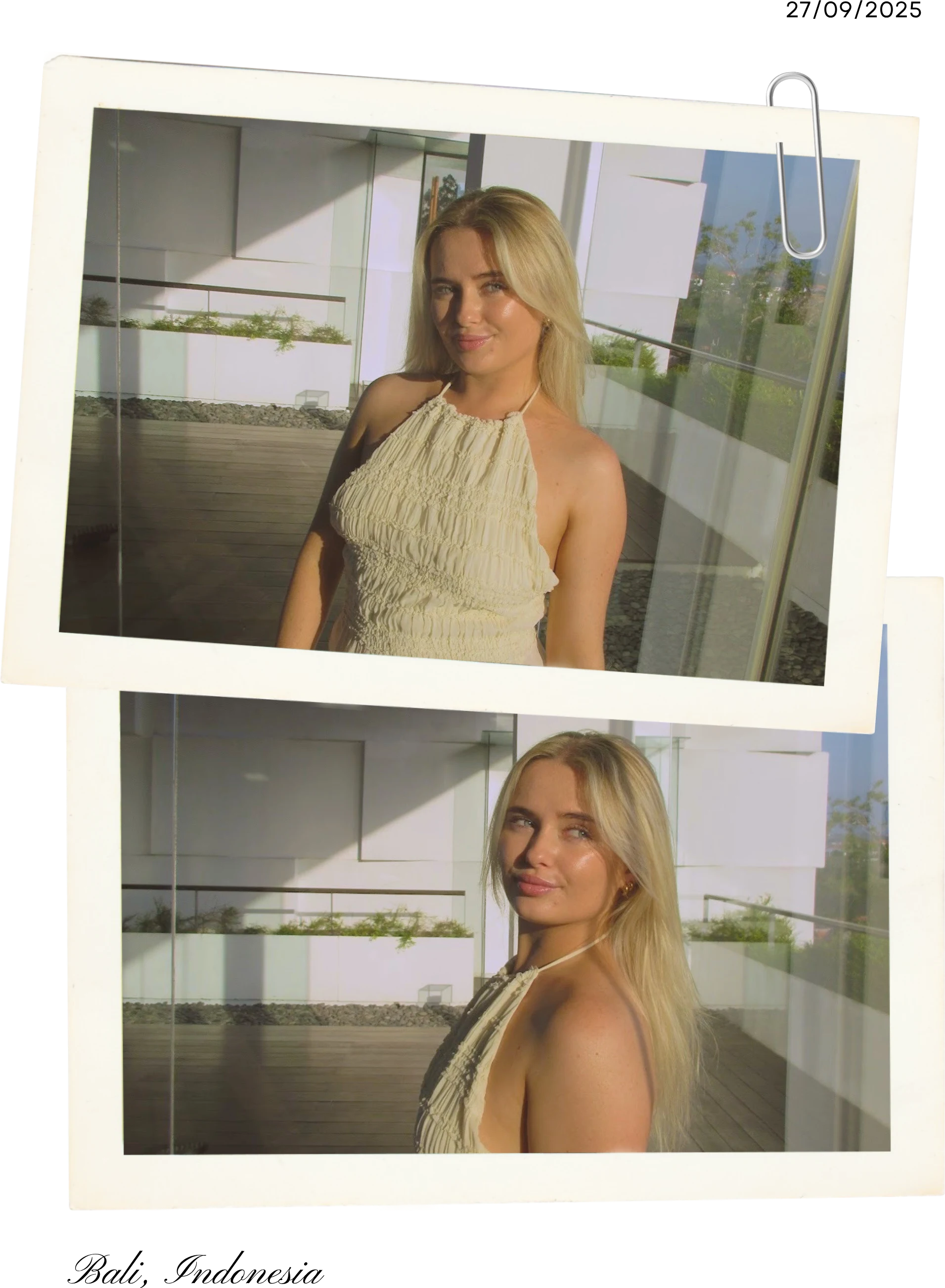 Two polaroid-style photographs of Zoe in the sun in Bali, Indonesia, dated 27 September 2025
