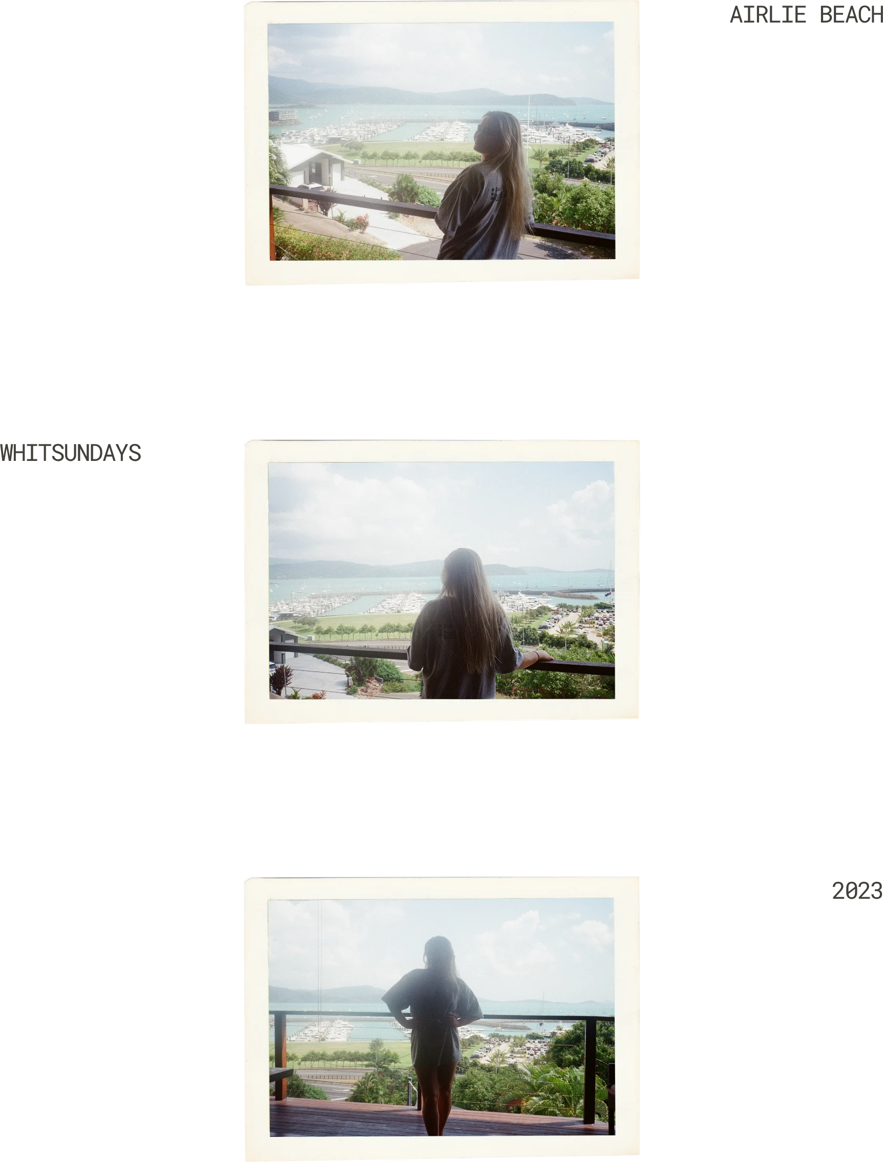 Three film photographs of Zoe looking out over the marina at Airlie Beach, in the Whitsundays, in 2023